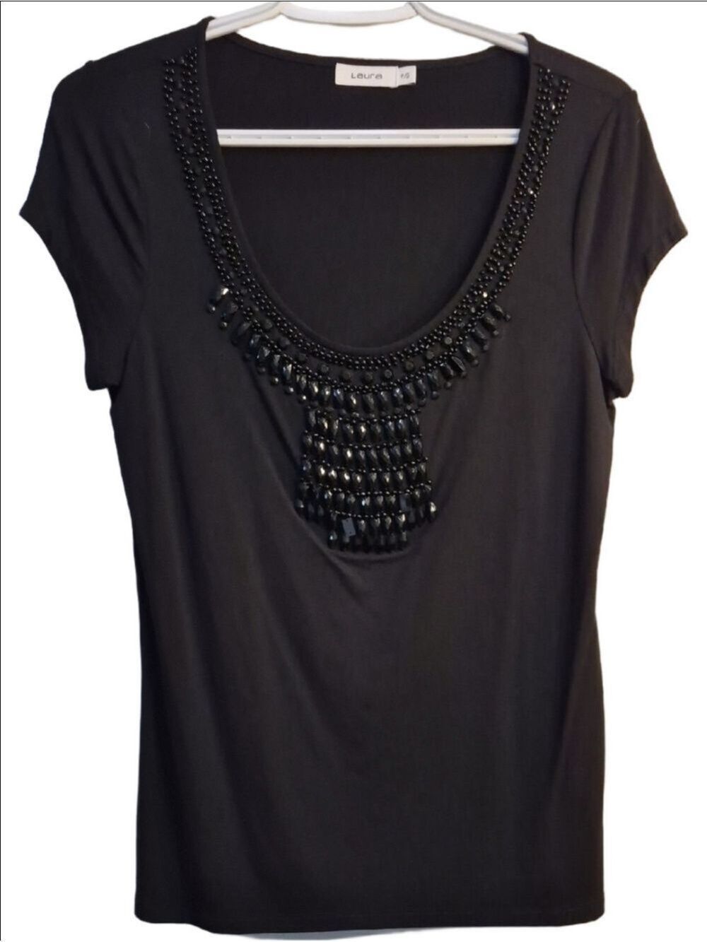 Laura Black Short Sleeve Scoop Neck Top With Beaded Bib